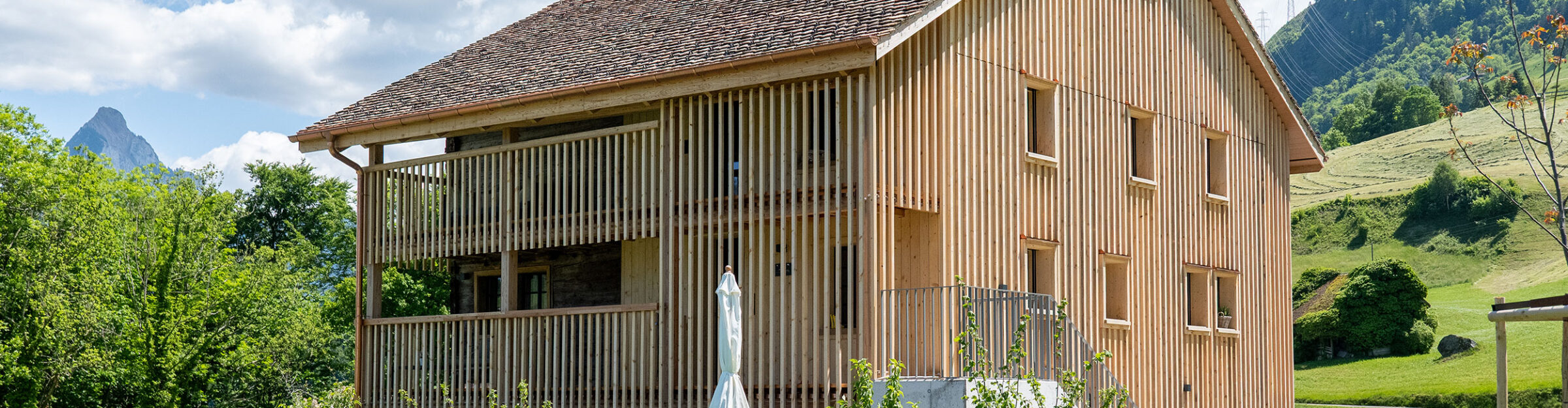 Bauernhaus, Umbau und Renovation, Lauerz SZ, Aussenansicht mit Gartensitzplatz